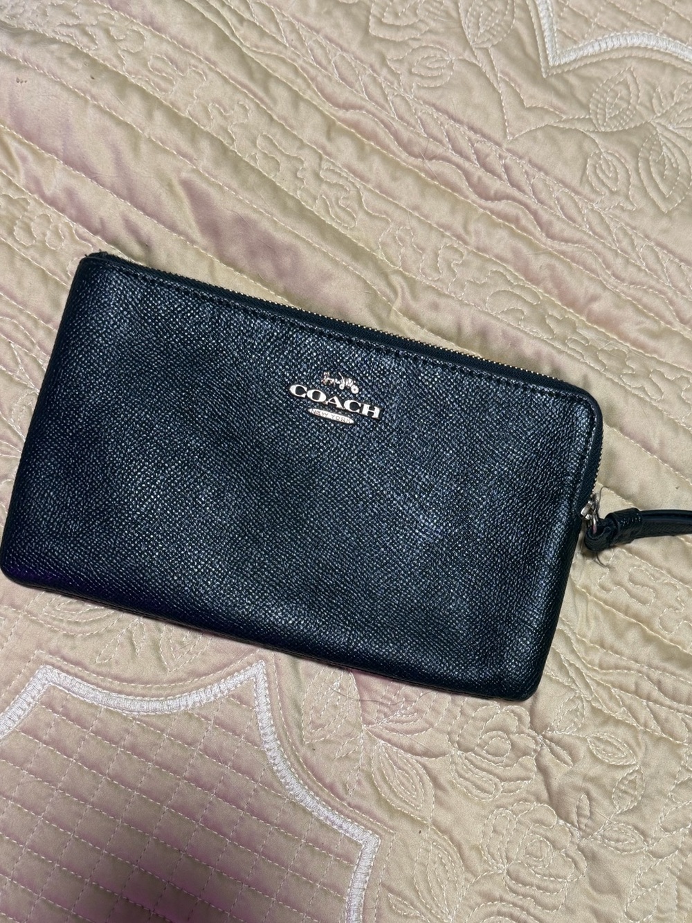 Coach Black Pebbled Leather Zip Wristlet Wallet